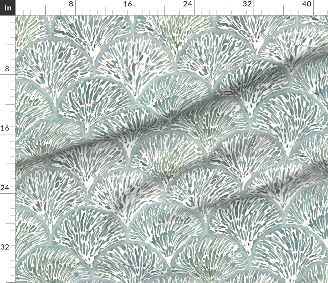 Scallop Watercolor Beach Nautical Coastal Sea Foam Green Fan Pattern Large Scale Custom Printed Fabric by Spoonflower Various Fabrics by the Yard or Fat Quarter